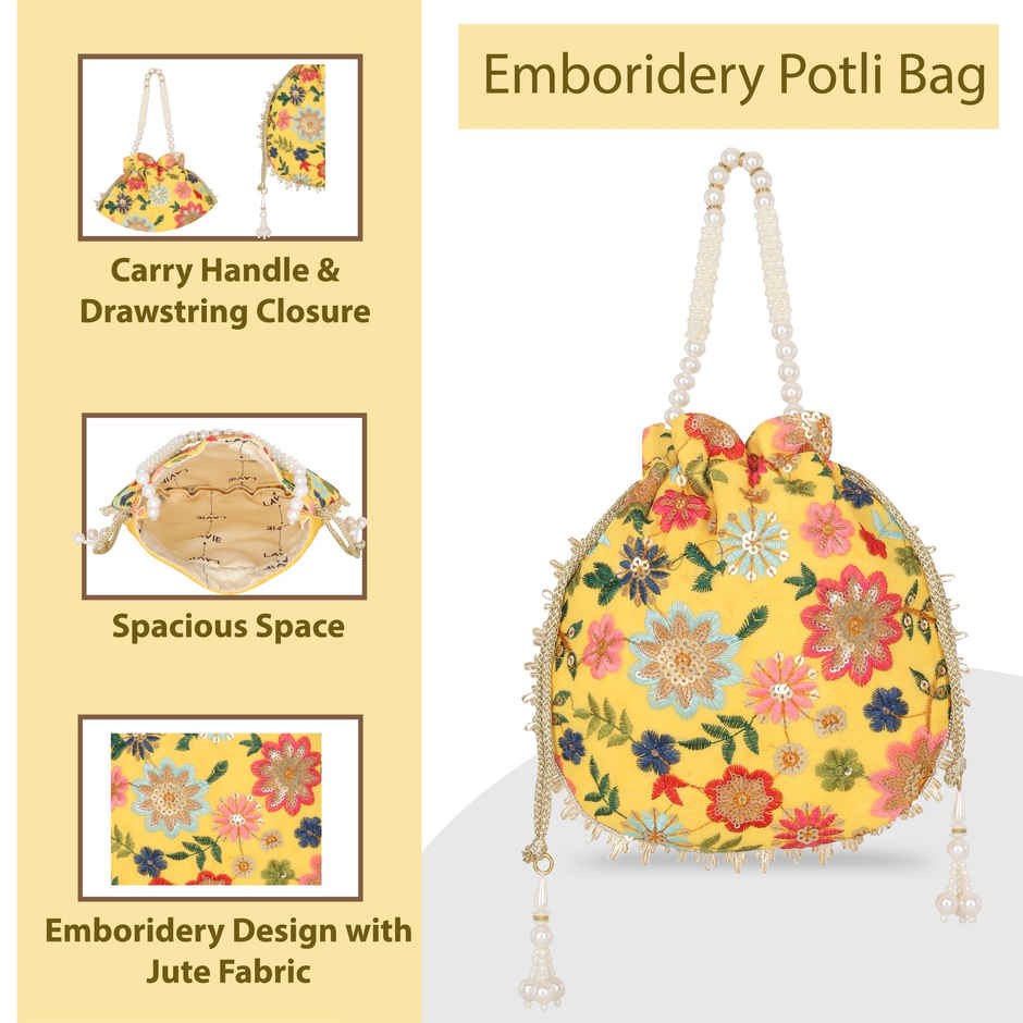 Lavie Women's Jiya Floral Embroidered Potli | Small | Ocher