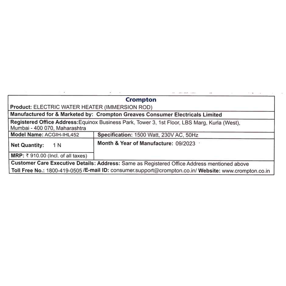 Crompton 1500W Immersion Rod Water Heater, Copper Heating Element Shock Proof Backalite Handle, Water level indicator,Neon lamp Indicator - Black