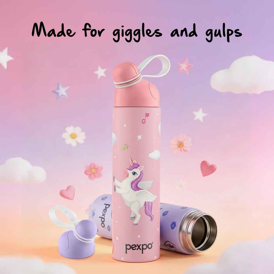 Pexpo Stainless Steel Pico Cute Sipper Hot & Cold Water Bottle | Unicorn UV Printed | Pink | 500 ml