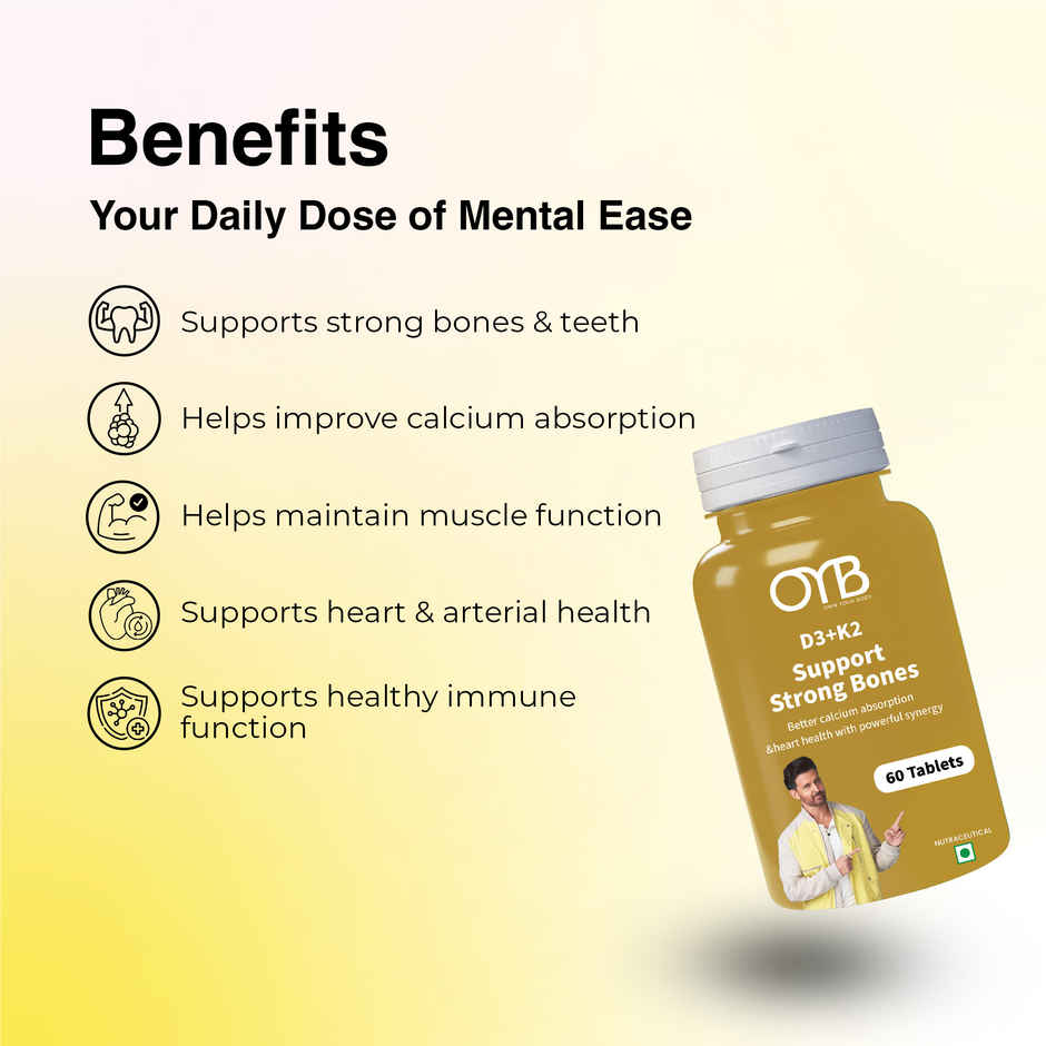 OYB D3 + K2 for Bone & Heart Health with D3, K2 MK-7 & Calcium | 60 Tablets | OYB D3 + K2