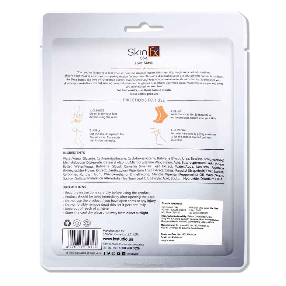 Skin Fx Foot Mask Instant Baby Soft and Moisturised Feet, Tea Tree Oil Peppermint Oil