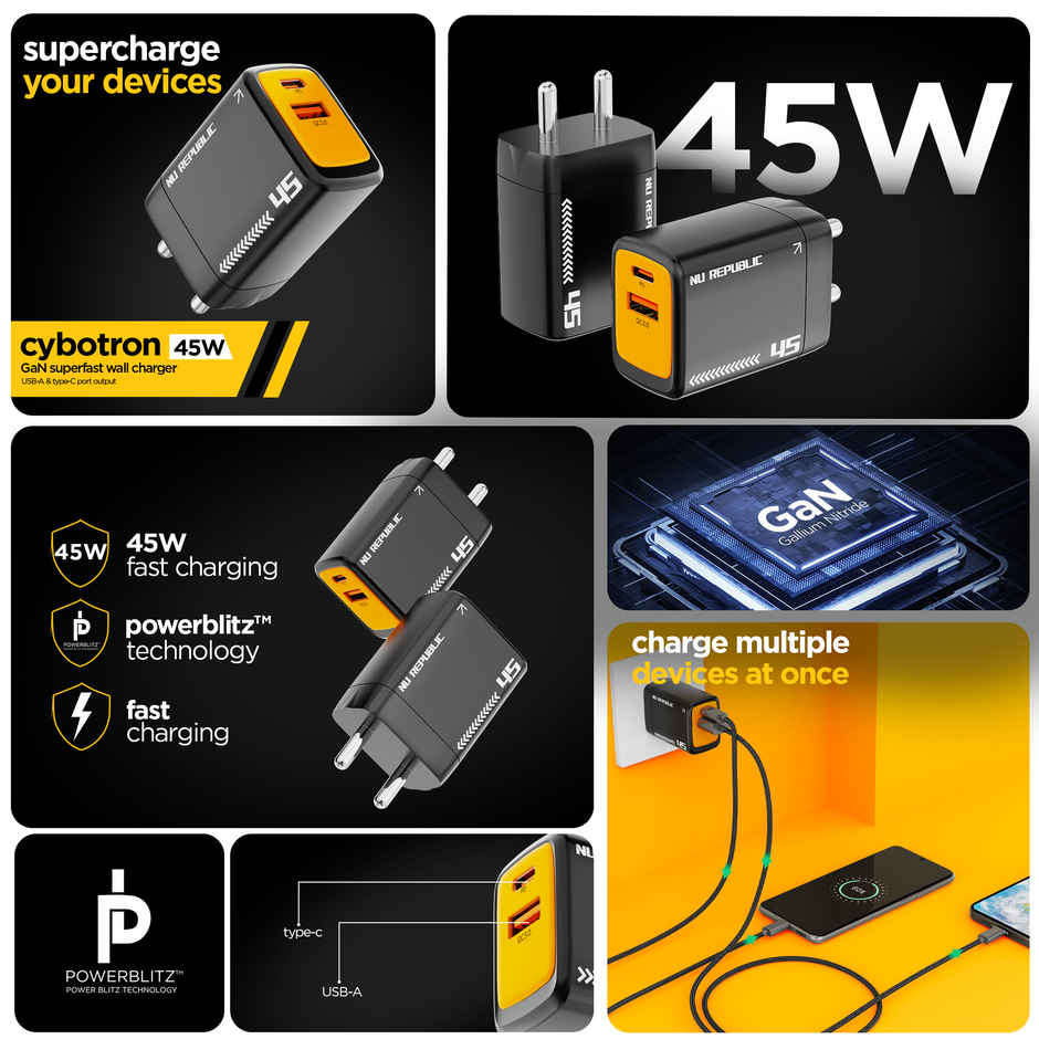 Nu Republic Cybotron 45W Dual Port Gan Superfast Wall Charger, USB & Type C Port, QC PD Technology with Type-C to C Cable, Supports MacBook, Type-C Laptops, iPhone, Samsung, OnePlus etc (Black)