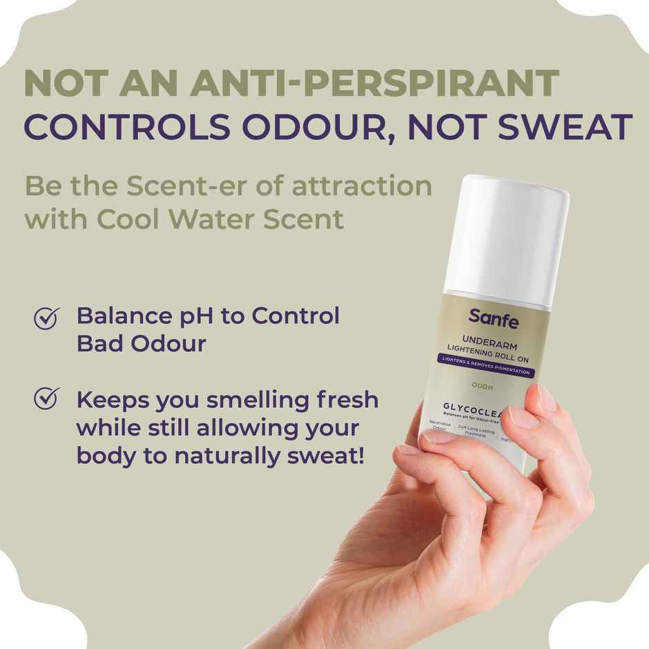 Sanfe Underarm Lightening Roll On(Oudh) with 5% AHA, Glycolic Acid & Salicylic acid For Men & Women