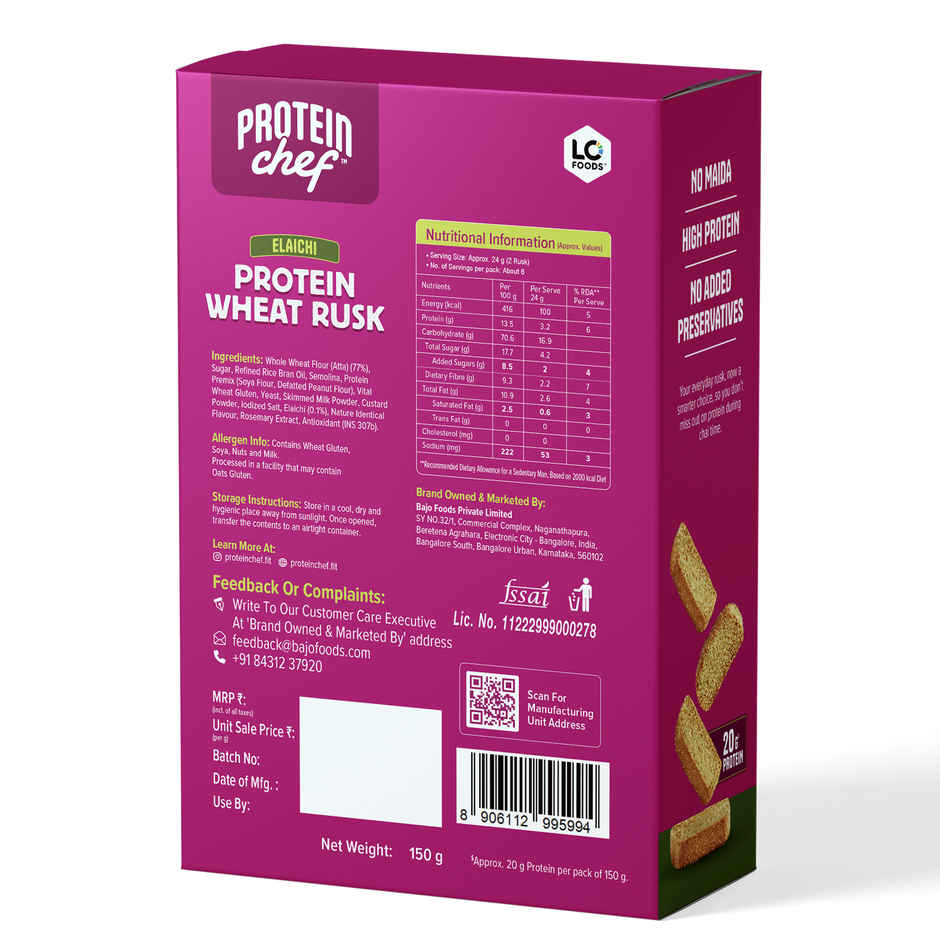 Protein Chef High Protein No Maida Premium Rusk (Elaichi Toast)