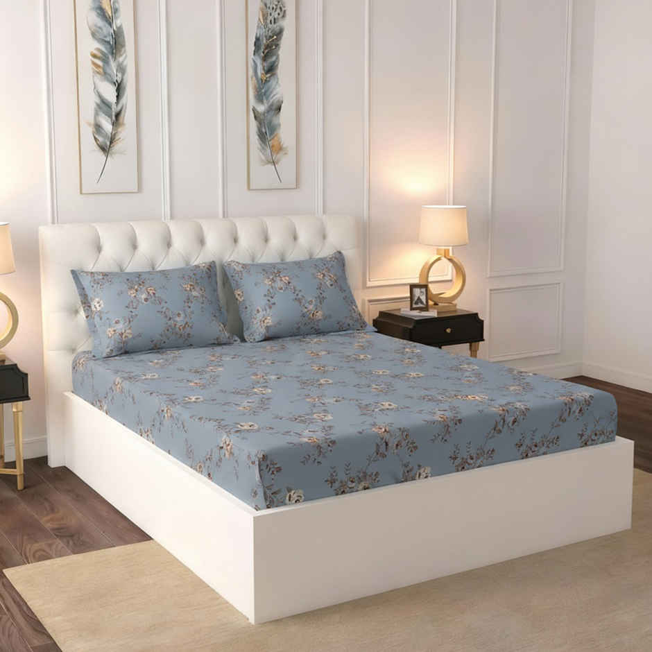 Raymond Home 120 GSM Hazel Floral Double Bedsheet with 2 Pillow Covers Blue