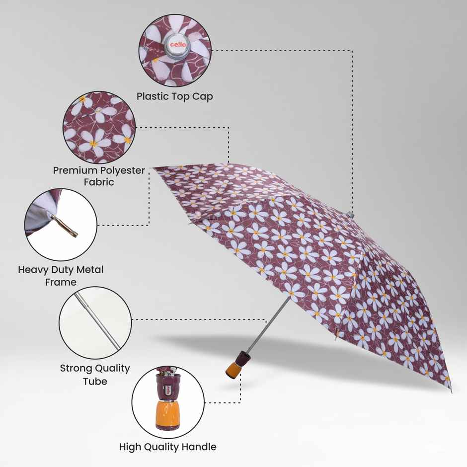 Cello Megha 21 Inch 2 Fold Mix Print Umbrella | Silver Brown Flower