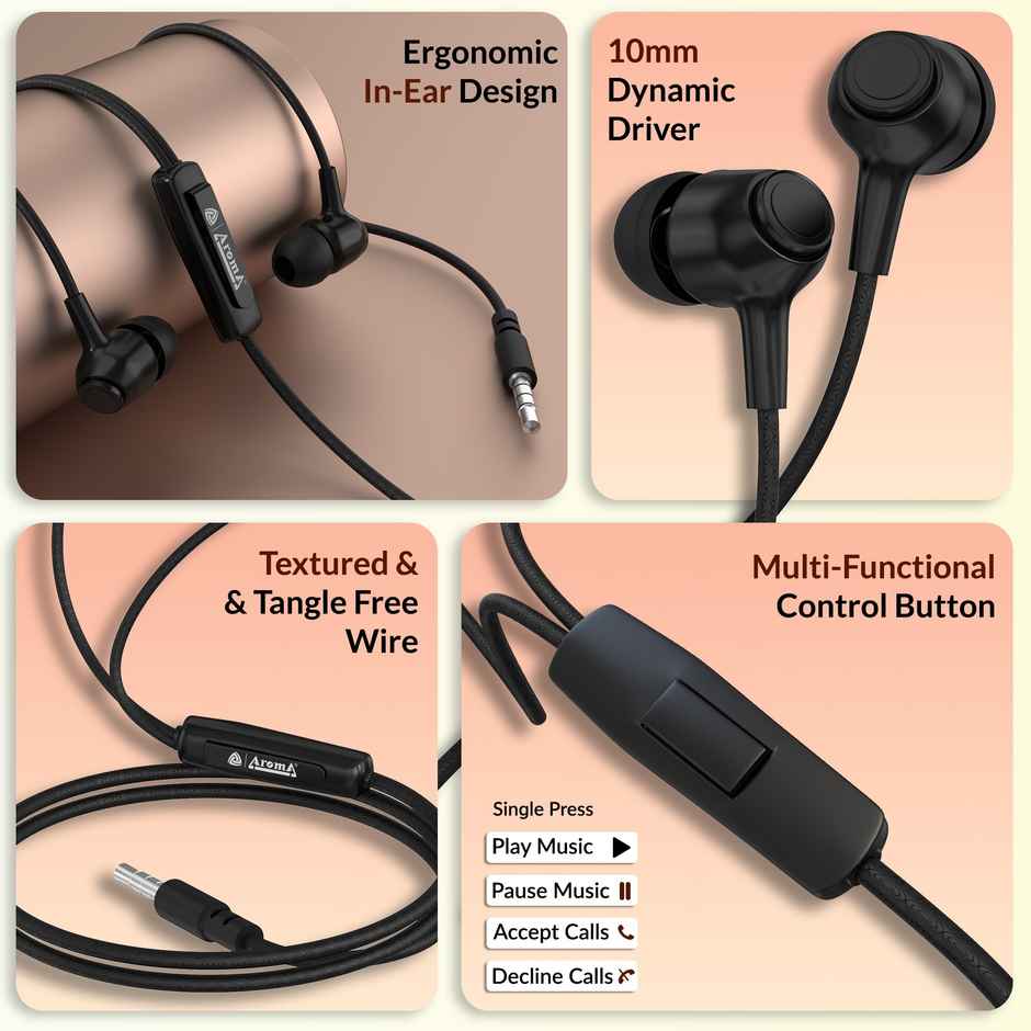 Aroma Wired Earphone With Mic 3.5Mm Jack I 10 Mm Drivers For Mobile, Tablet, Laptop I Black