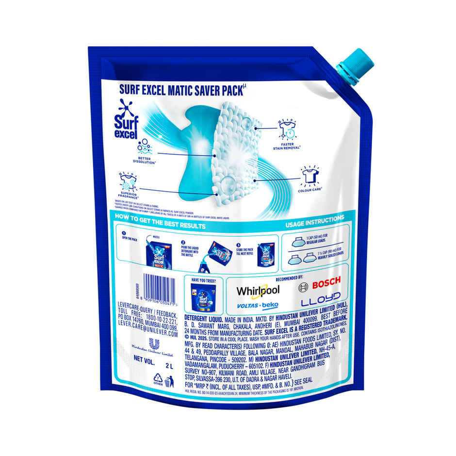 Surf Excel Matic Top Load Detergent Liquid Refill | Tough Dried Stain Removal