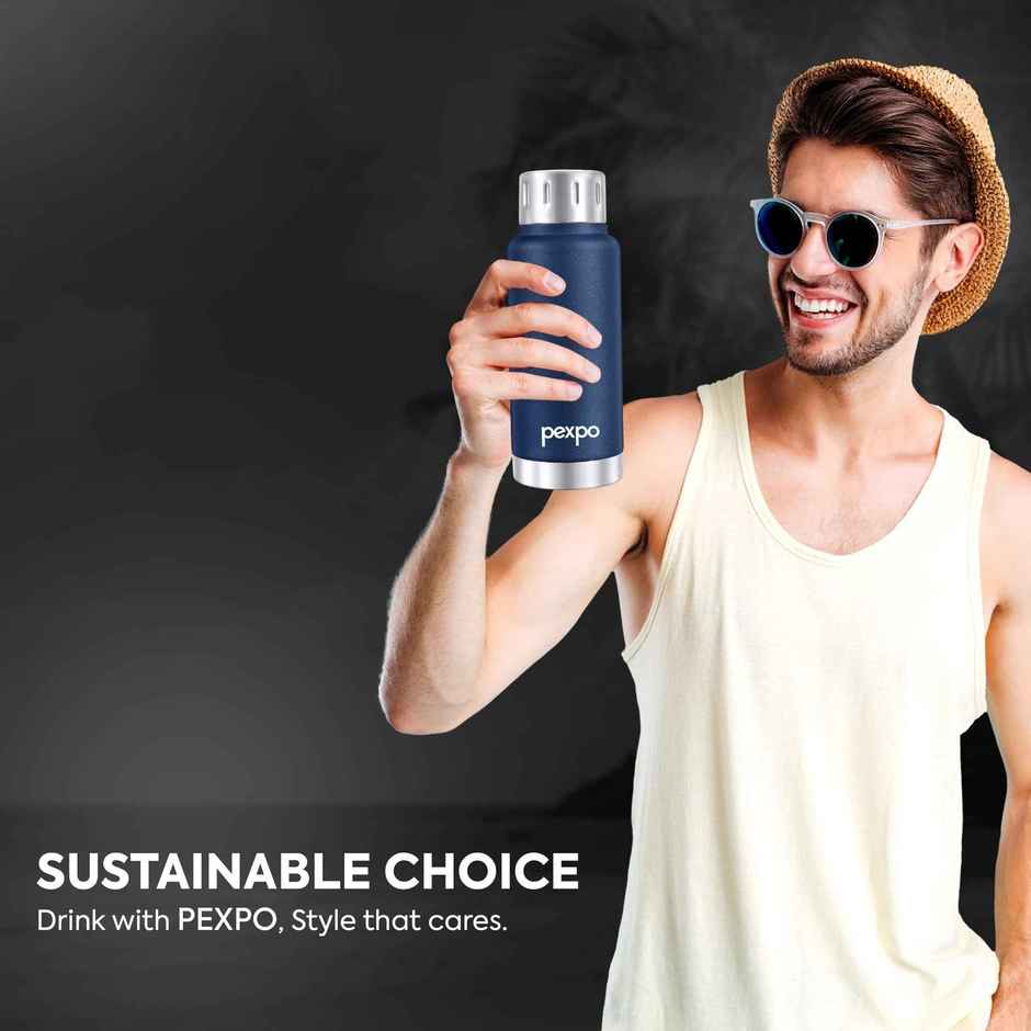Pexpo Stainless Steel Cameo Hot & Cold Water Bottle | Denim Blue | 300 ml