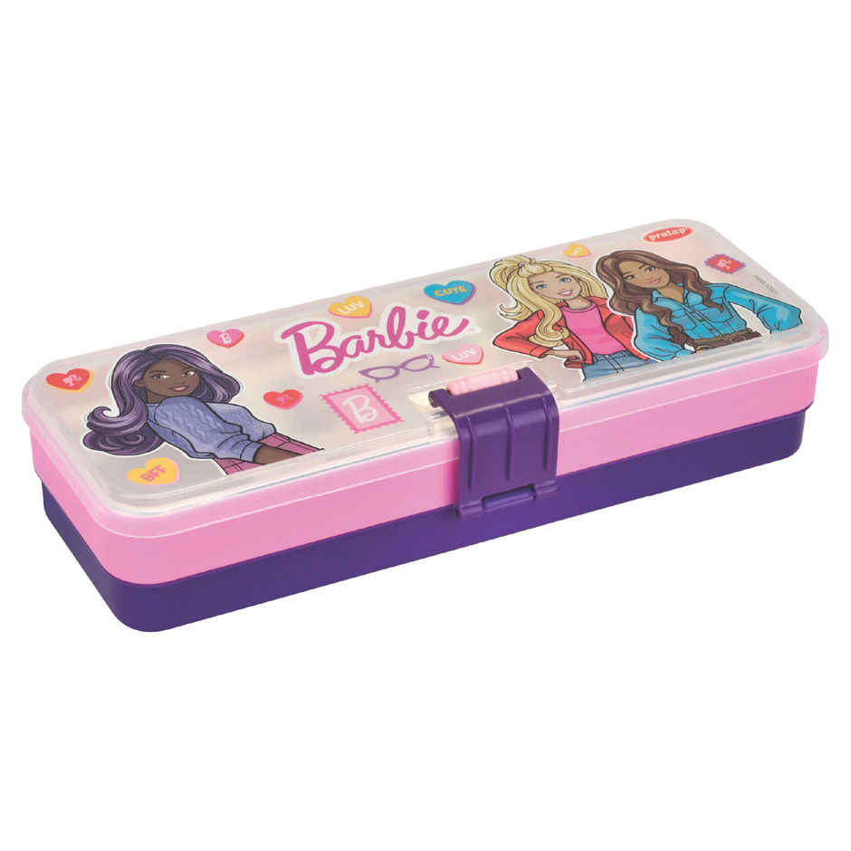 PRATAP Hy Click Pencil Box with 3 Compartment with Clip Lock | Pink & Purple | Barbie