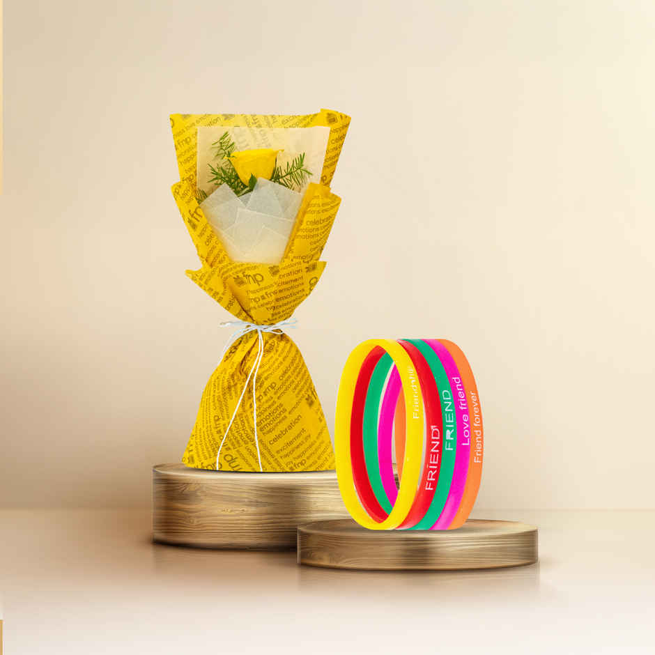 Fnp Friendship Day Yellow Rose Bouquet (1pc) & Mad Over Print Silicone Friendship Band (1pc) Combo
