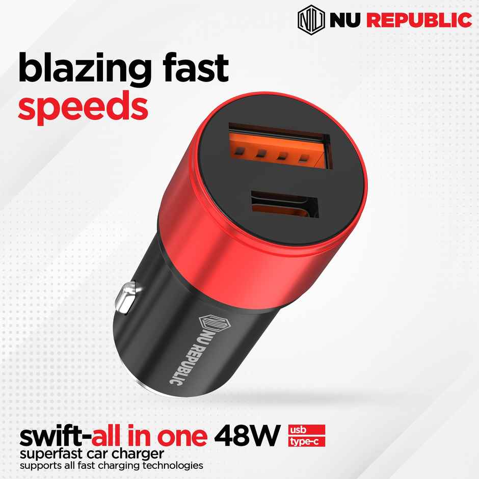 Nu Republic Swift All-in-one 48W Dual Port USB & Type-C Superfast Car Charger (Black/Red)