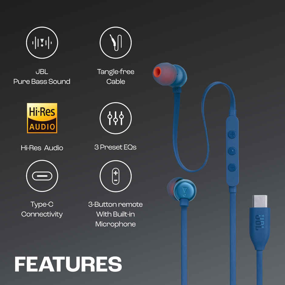 JBL Tune 310 Wired In-Ear Type C Headphones, Hi-Res Audio With Digital-To-Analog Converter (Blue)
