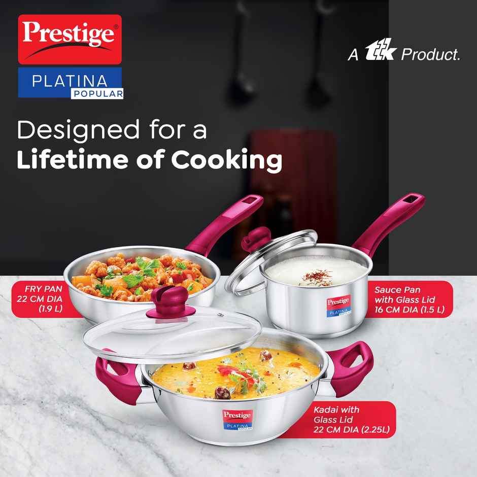 Prestige BYK Platina Stainless Steel Cookware Set | Fry Pan 22cm | Sauce Pan 16cm | Kadai 22cm