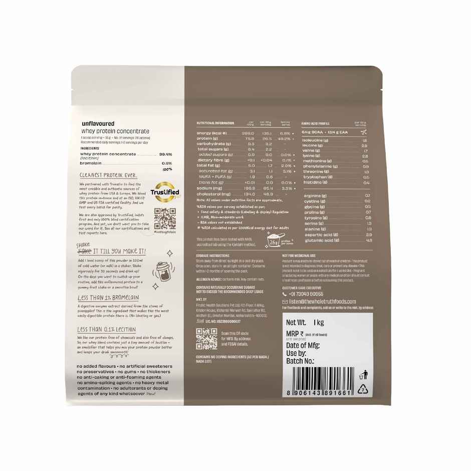 The Whole Truth Unflavoured Whey Protein Concentrate (26g Protein Per Scoop) Combo