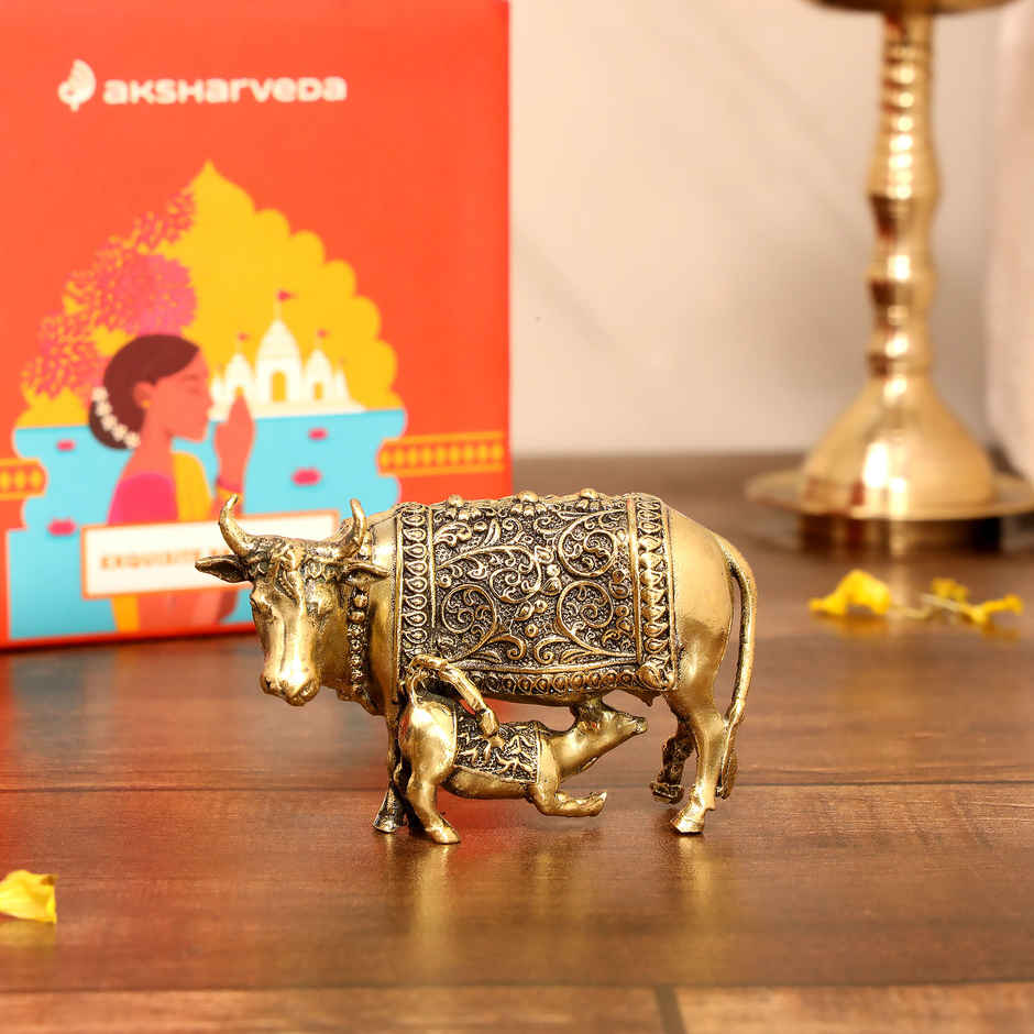 Intricate Brass Kamdhenu Cow/ Calf Murti | 1.5 Inches | Aksharveda