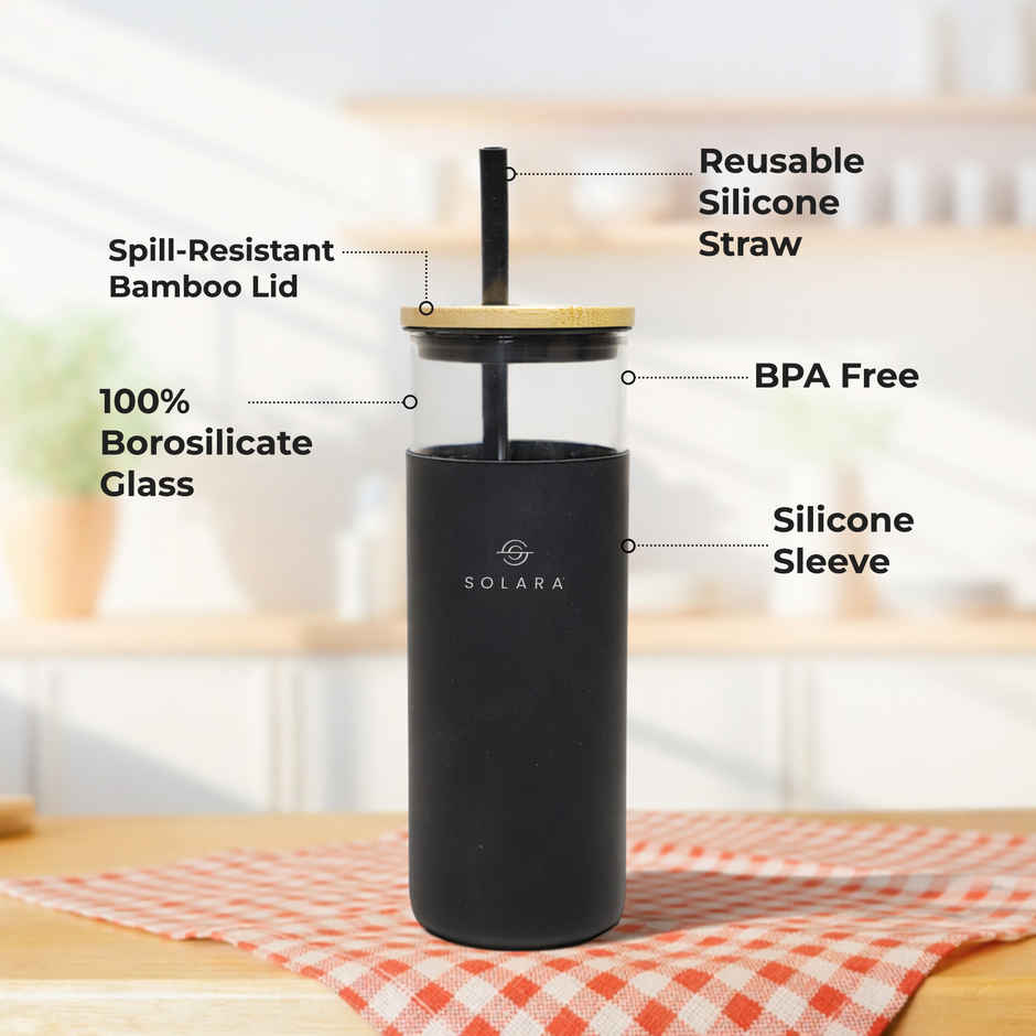 Solara Black Knight Glass Tumbler | 500 ml | Bamboo Lid, Silicone Straw & Silicone Sleeve | For Coffee
