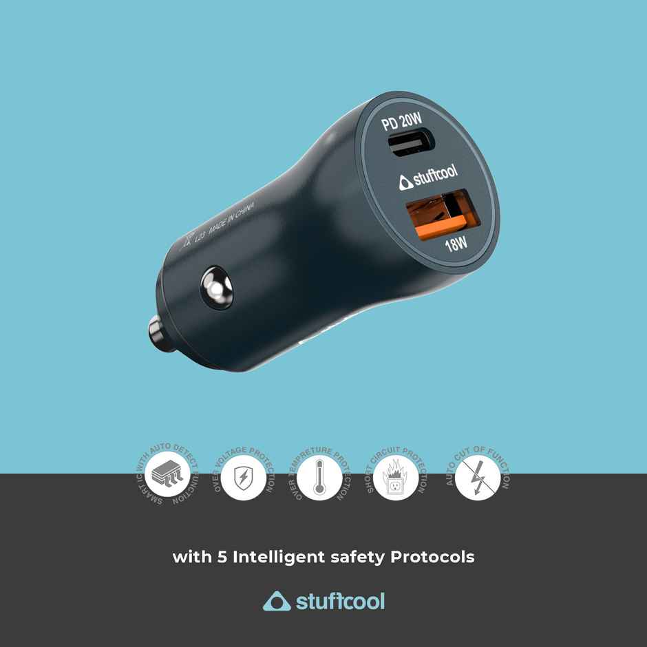Stuffcool Ultimus 38W Dual Port Type C 20W + 18W QC3.0 USB A car Charger Supports Fast Charging Charges iPhone 50% in 30 mins, Compact Shape, Aluminium Body - Blue