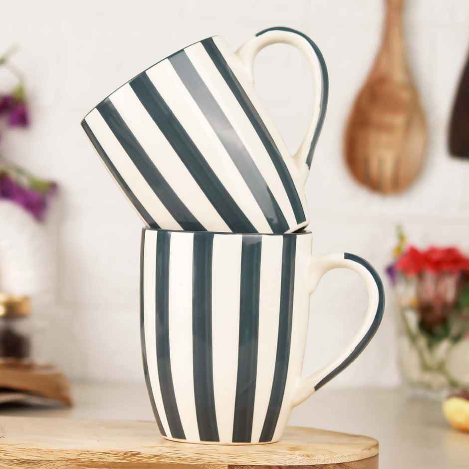 The Earth Store Grey Stripe Ceramic Coffee Mug | 400 ml Microwave and Dishwasher Safe