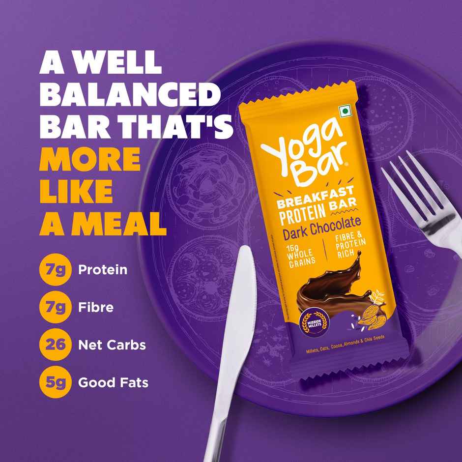 Yoga Bar Breakfast Protein Bar Dark Chocolate, 4g Protein, 17g Whole Grain, Fibre Rich, Millets,Oats