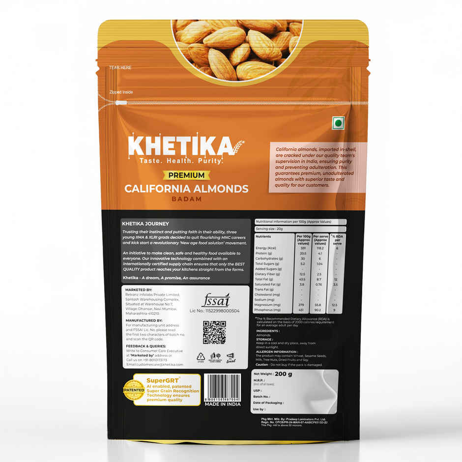 Khetika Premium California Almonds | Badam | Unpolished | Rich in Fiber