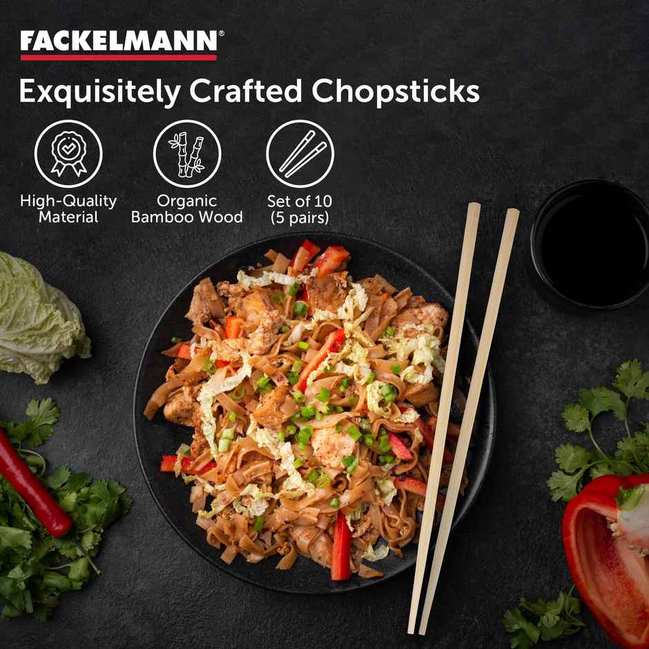 Fackelmann Bamboo Chopsticks | 22.5 Cm | Bag Of 10 Chopsticks | Reusable Easily Washable & Hygienic
