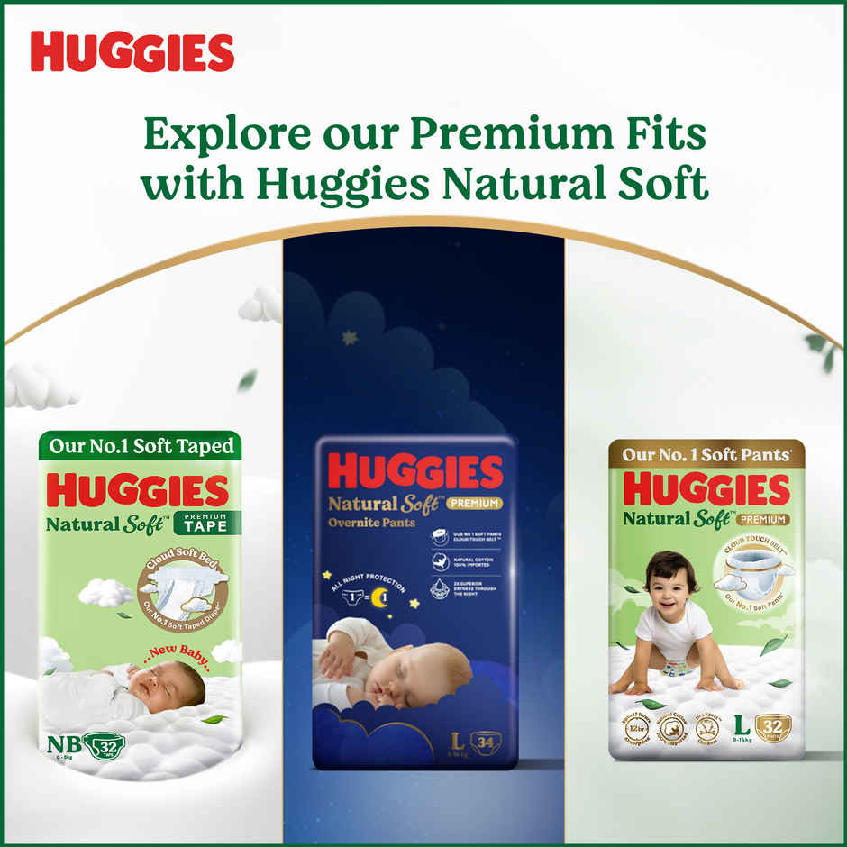 Huggies Natural Soft Premium Tape Diapers | Medium (M) Size | 7 To 12 kg