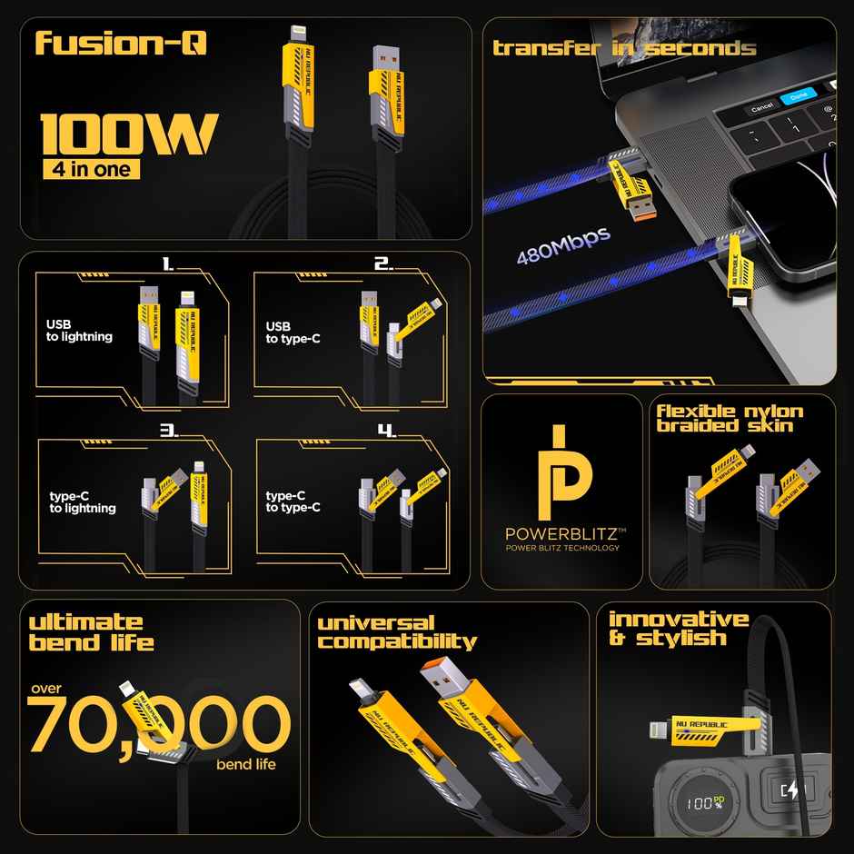 Nu Republic Blaze Fusion-Q 100W 4-In-One 1.2 M USB-A To Type-C To Type-C + Type-L Metal Connector Fast Data Charging Carbon Texture Braided Cable For Personalcomputer,1.2M - Black & Yellow