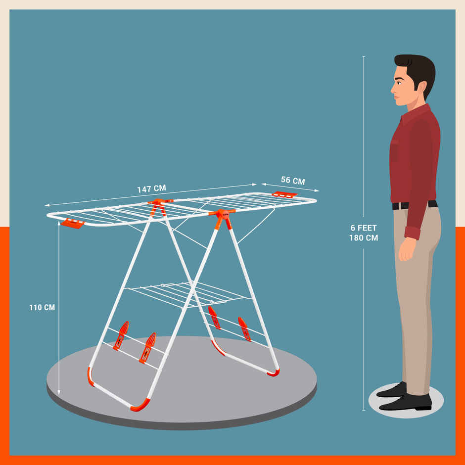 Bathla Foldable Cloth Drying Stand for Home - Neo | Steel | Heavy Duty, Lightweight | Orange