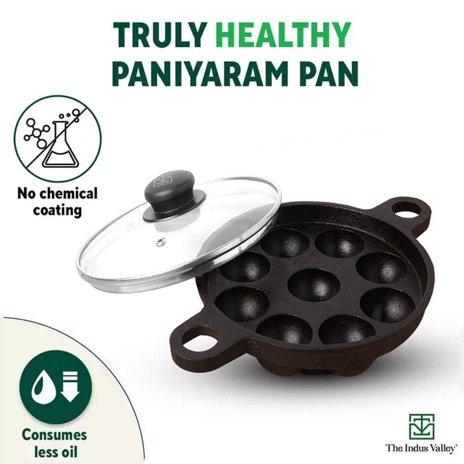 The Indus Valley Super Smooth Cast Iron Paniyaram Pan with Glass Lid | 9 Pit, 20.8cm/8.2inch, 2.7kg