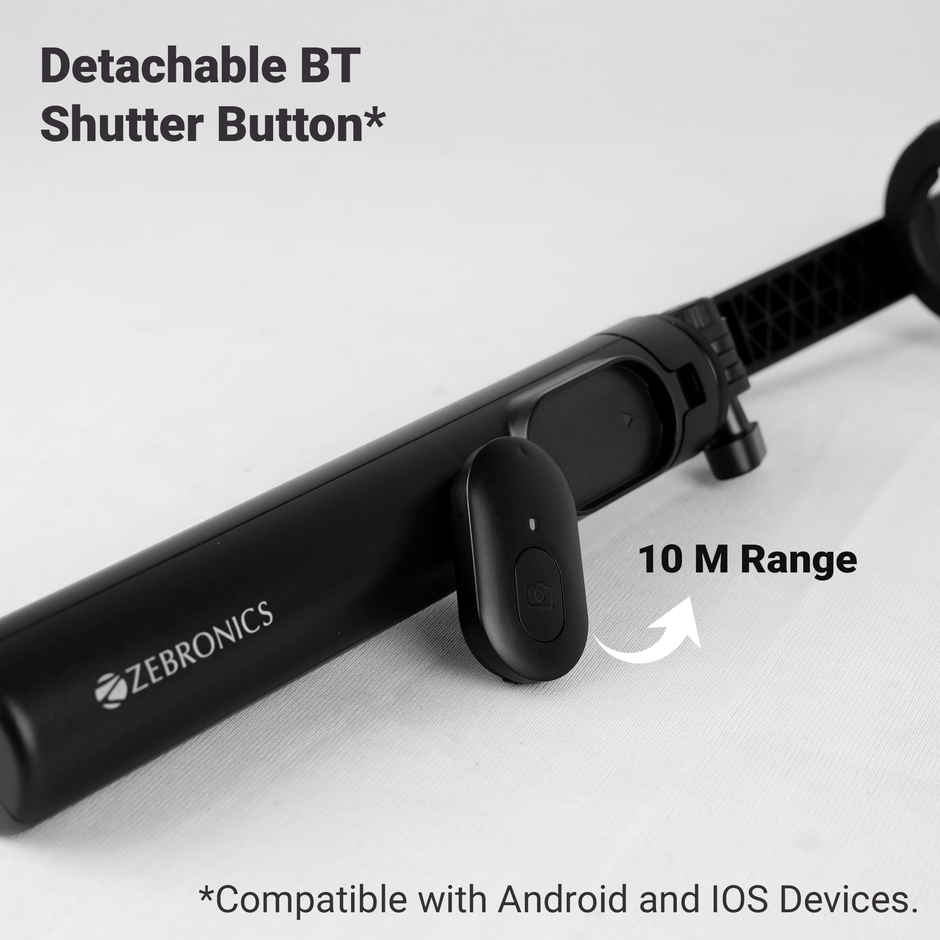 Zebronics Moments 100 Selfie Stick, Bluetooth Shutter Button for Android & iPhones, 360 Rotation