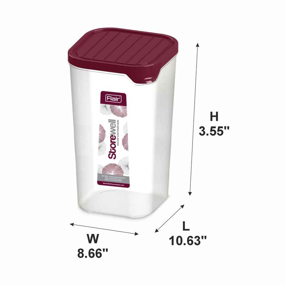 Flair Plastic Storewell Food Storage Containers 3000Ml (Maroon), Food Grade, Bpa Free