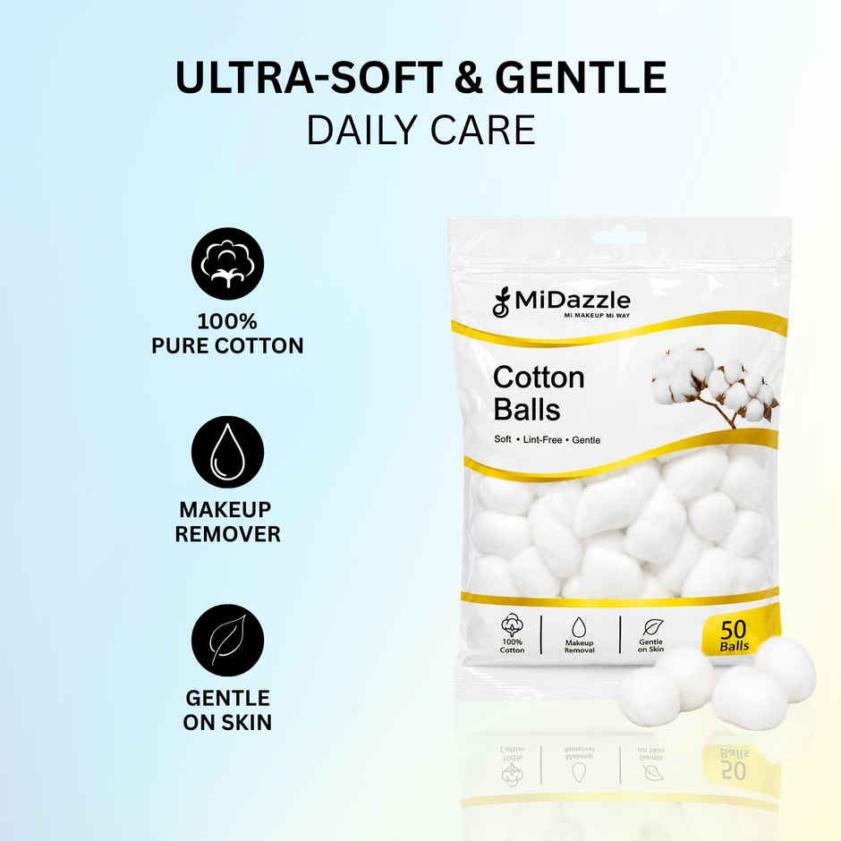 Midazzle Cotton Balls for Eye, Face Makeup and Nail Paint Remover | Pack of 50 | MICB3601
