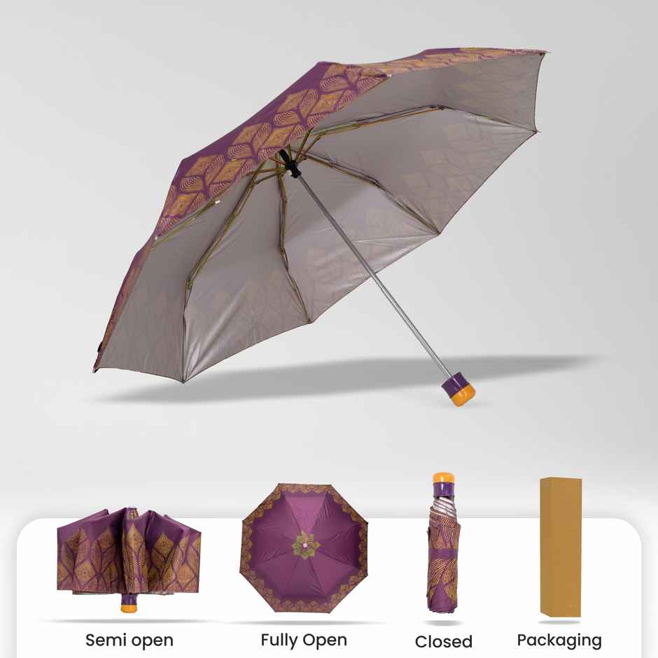 Cello Drizzle 21.5 Inch 3 fold Mix Print Silver Umbrella | Maroon Yellow
