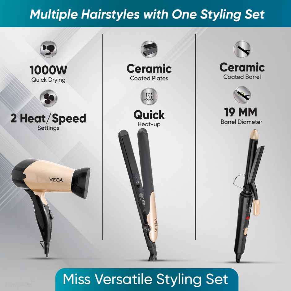Vega Miss Versatile Styling Set Straightener, Curler & Dryer Gift Combo for Women, (VHSS-03), Black
