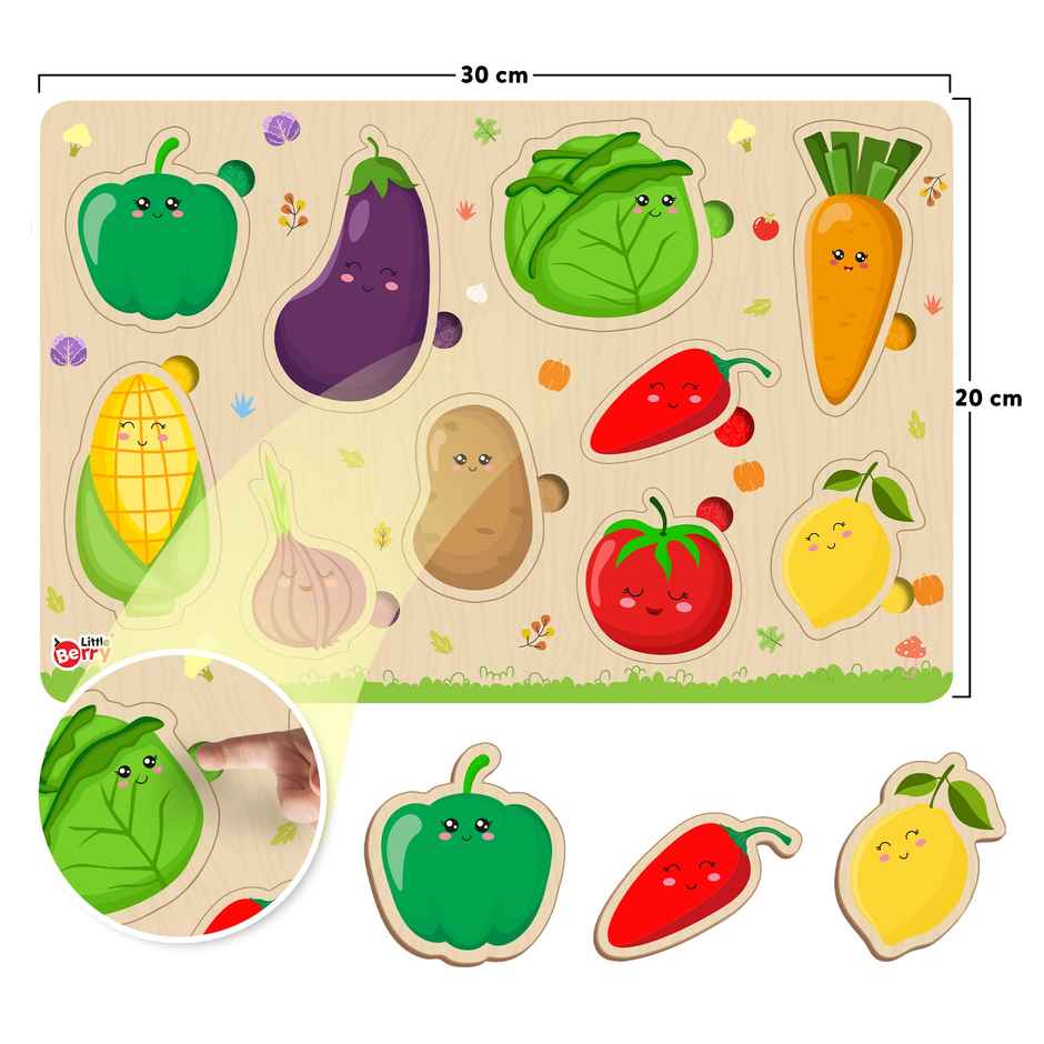 Little Berry Vegetables Wooden Knob Puzzle Board For Kids With Pictures - Lb57