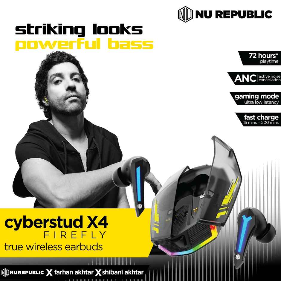 Nu Republic Cyberstud X4 Firefly TWS Earbuds with 72hr Playtime,13mm Driver, XBass, ANC + ENC Quad Mics, Hall Sensor, 40ms Low Latency, Dual Mode, BT V5.3 (Black)