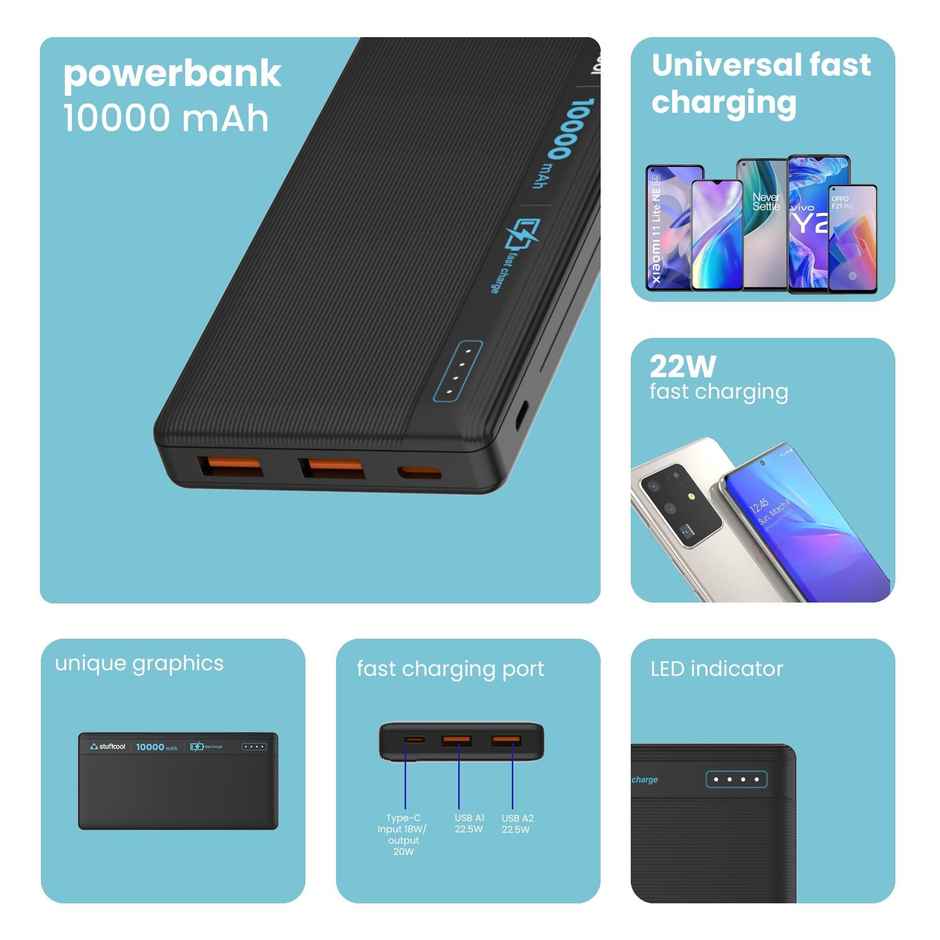 Stuffcool Major 10000 mAh 22.5W Wired Power Bank (Lithium Polymer, Power Delivery 3.0, Fast Charging for Mobile, Smartwatch, Tablet) - Black