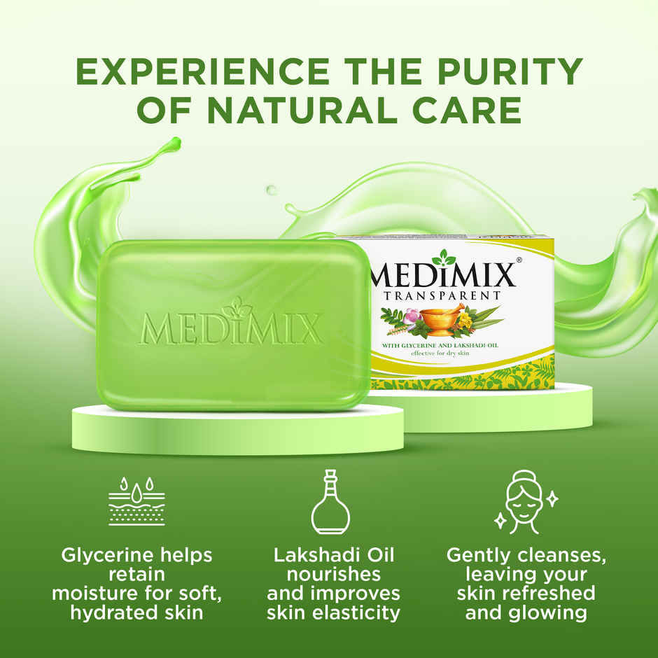 Medimix Transparent Ayurvedic Bathing Soap Infused with Glycerine & Lakshadi Oil for Dry Skin