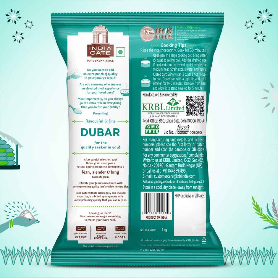 India Gate Flavourful and Fine Dubar Basmati Rice | Long and Slender Grains | Naturally Aged