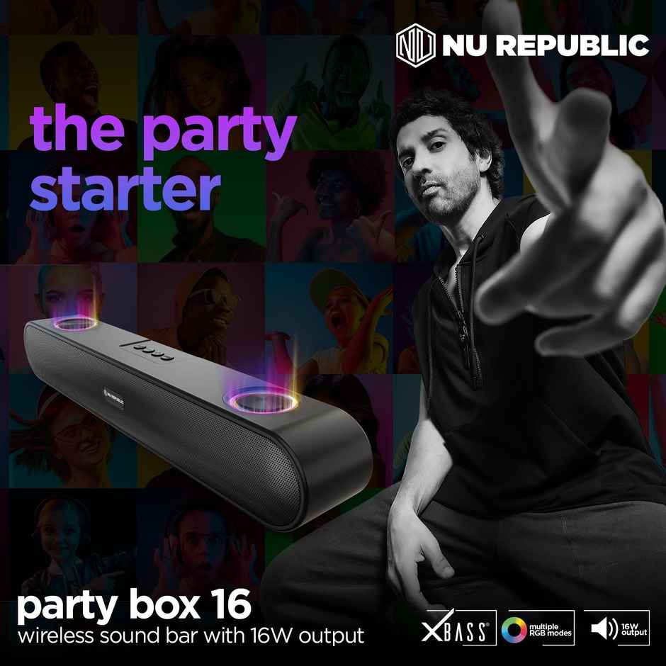Nu Republic Party Box 16 Soundbar With X-BassTechnology, Upto 10 Hrs Playtime, Multiple RGB Modes, 16 W Bluetooth Soundbar, 2.0 Channel - Black