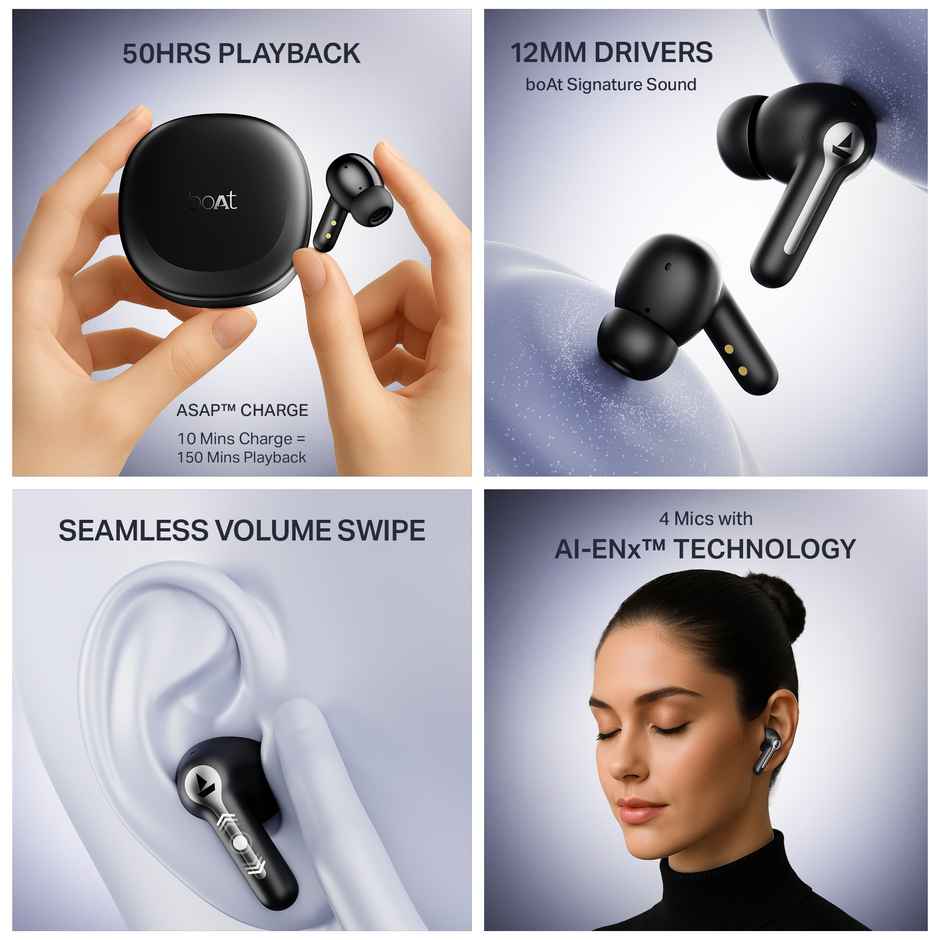 boAt Airdopes Prime 511, Volume Swipe Control, 50H Battery,ENx, Multipoint Connection|Active Black