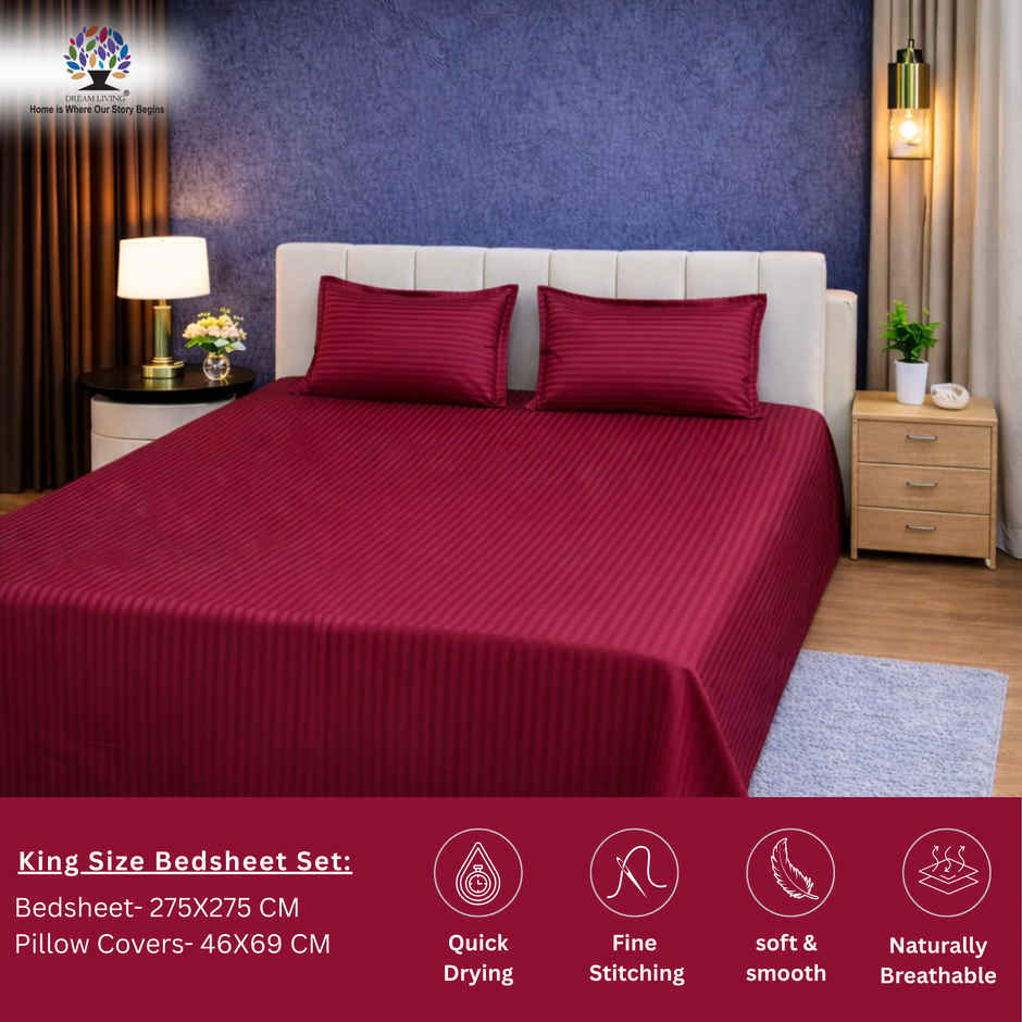 Dream Living Stripe King Bedsheet Set |275 x 275 cm| With 2 Pillow Covers