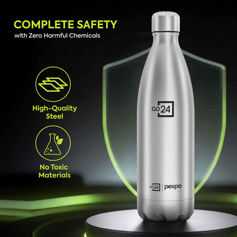 Go24 Electro Stainless Steel Thermos Bottle | Silver | Leakproof | 3-Layer Insulation