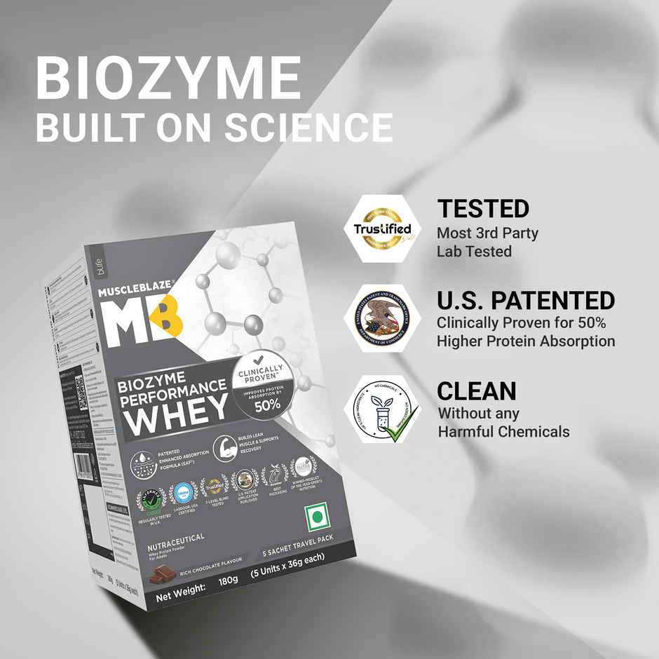MuscleBlaze Biozyme Performance Whey Protein Powder Pack (Rich Chocolate)
