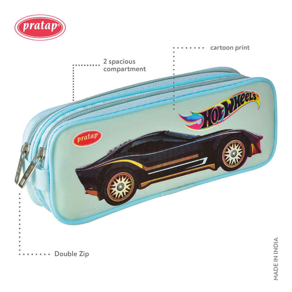 PRATAP Double Zip Pvc Single Side Printed Pouch | Blue, Hot Wheels