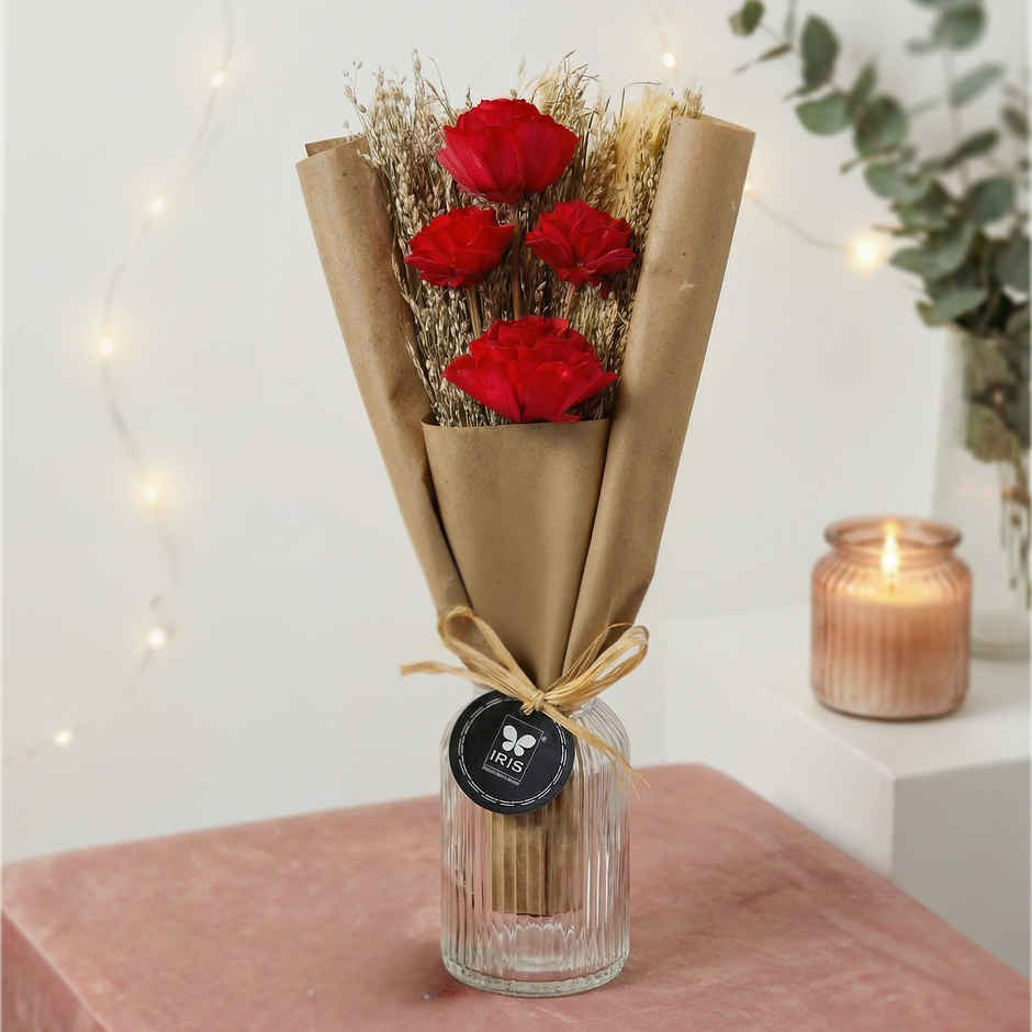 Everlasting Red Rose Love Dry Flower Bouquet with Fragrance Spray | Ideal for Gifting | IRIS