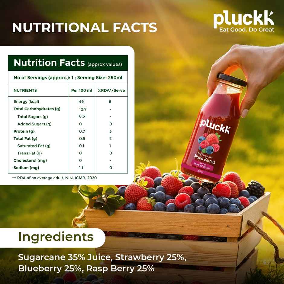 Pluckk Cold Pressed Extracted Mixed Berries Juice | No Preservatives | No Added Sugar