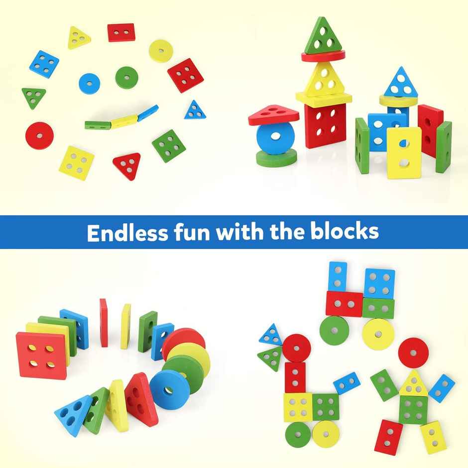Kidology Wooden Geometric Shapes Shorter Stacking Toy Puzzle | Montessori Toys for 1+ Year Old