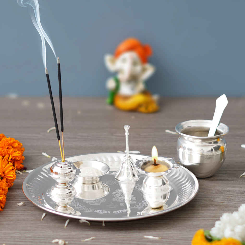 Silver Pooja Thali Set with Diya, Ghanti, Kalash, Spoon, Agarbatti Stand, Bowl | Ecraftindia